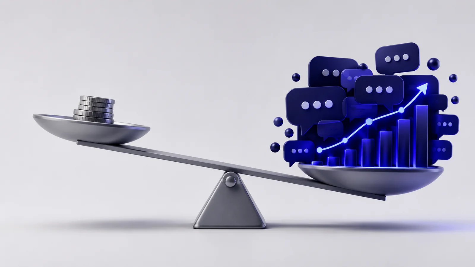 A balance weighing a small subscription cost against a much larger volume of resolved customer conversations