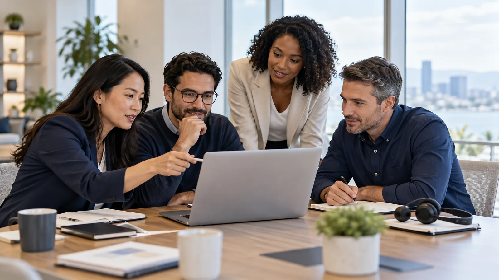 Customer operations and technical colleagues reviewing a support workflow together at a meeting table