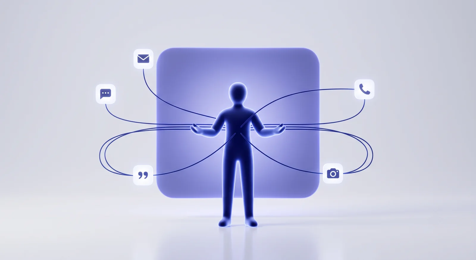 One customer connected to several messaging channels that all merge into a single shared conversation