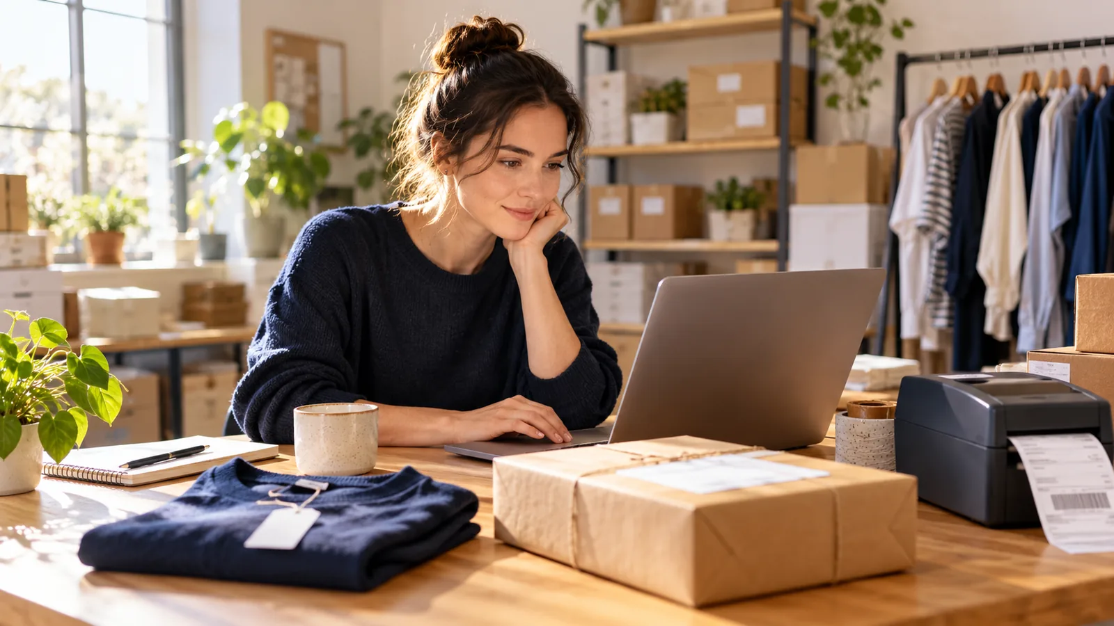 AI-generated editorial illustration of ecommerce parcels, product information and a calmer support workflow