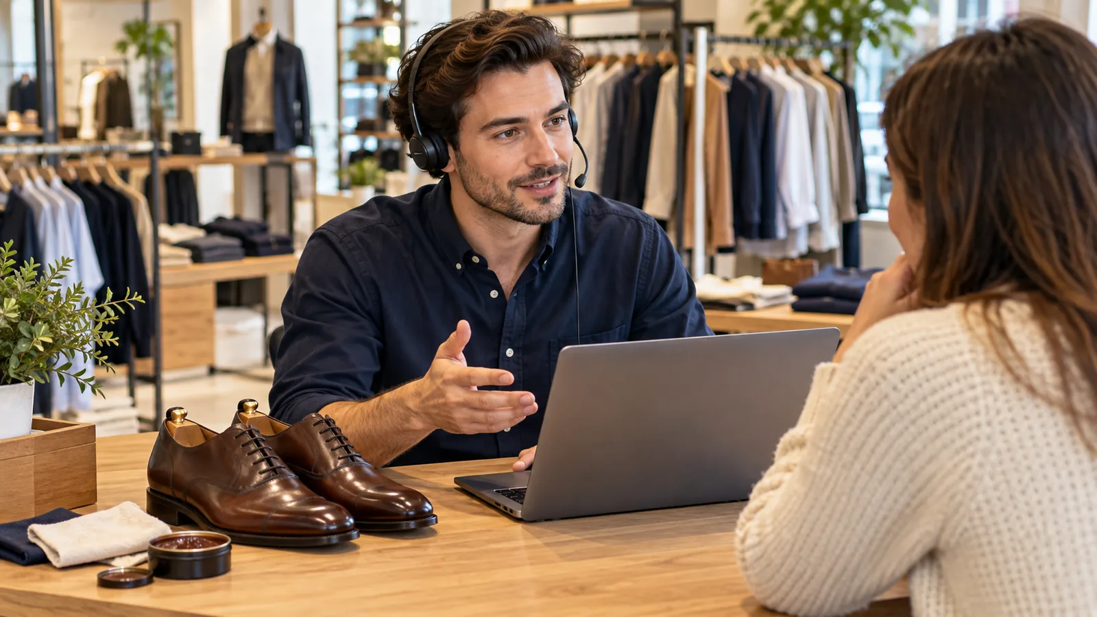 AI-generated editorial illustration of helpful product advice during a customer support conversation