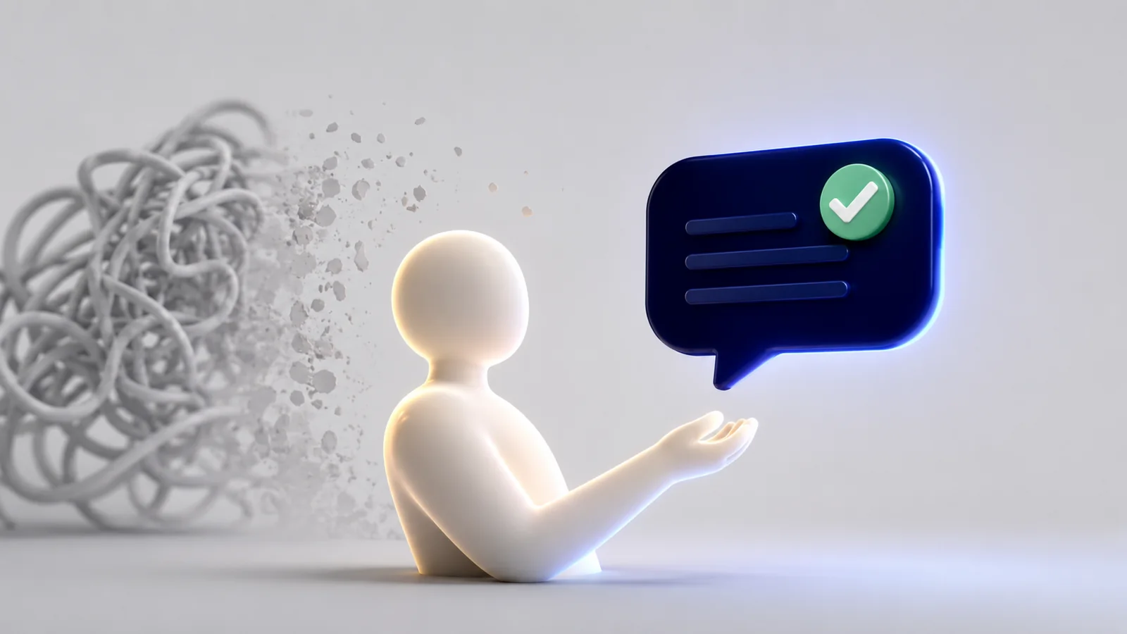 A customer receiving a clear helpful answer while a tangled chatbot loop dissolves behind them